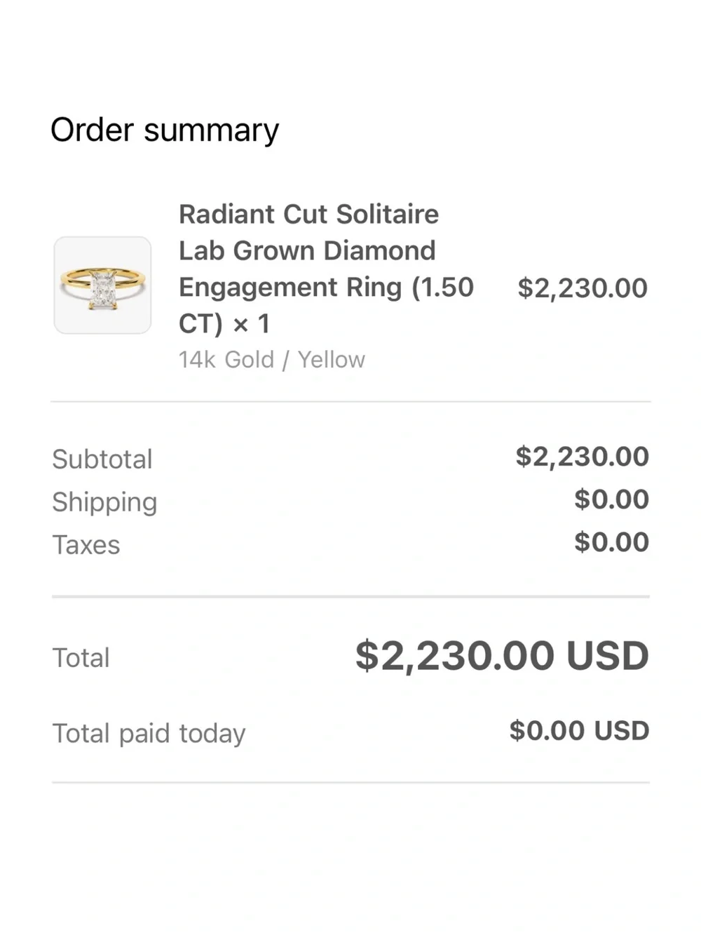 Engagement 14kt Gold Ring with Lab Grown Radiant 1.51 ct diamond ring